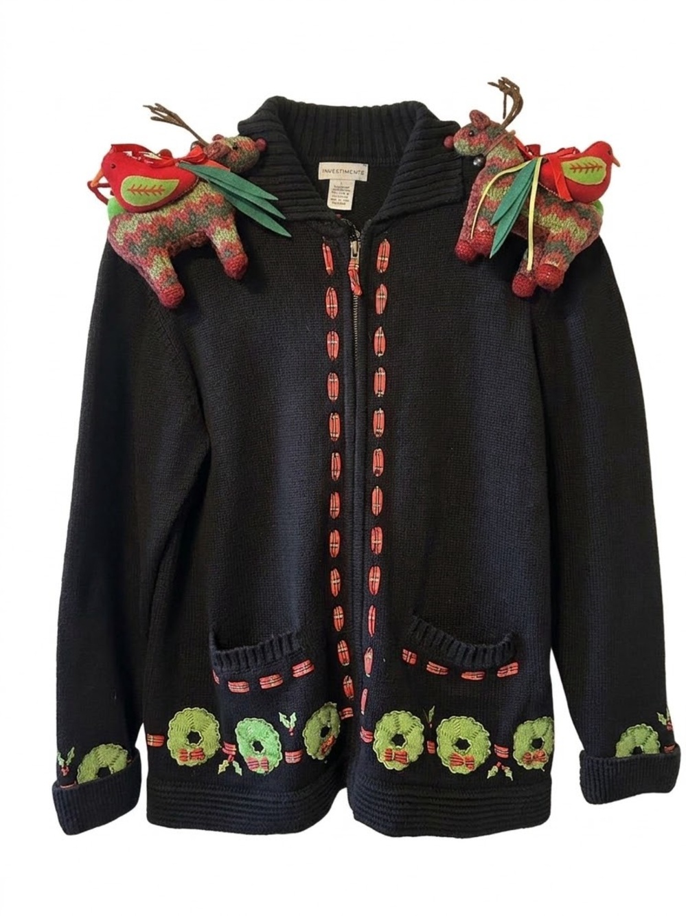 Vintage Investments 3D Reindeer Christmas Holiday Cardigan Sweater Size Large